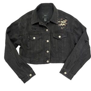 Forever 21 Black Denim Cropped Leopard Print Pocket Jacket Size Small